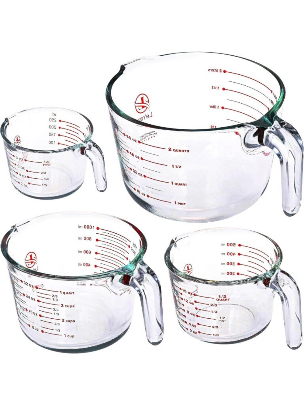 Set of 4 Heat-Resistant Glass Measuring Cups - Easy-Read, Ergonomic Handle